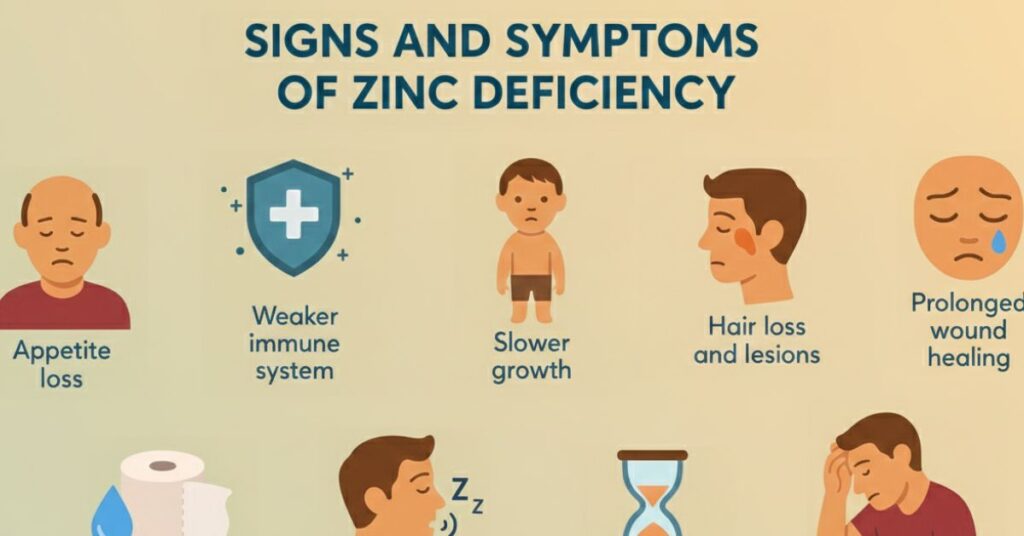 An educational infographic titled "Signs and Symptoms of Zinc Deficiency" on a soft peach and tan background. It features nine illustrative icons depicting common health issues including appetite loss, a weakened immune system, slower growth in children, hair loss and skin lesions, prolonged wound healing, diarrhea, dull sense of taste and smell, late sexual maturity, and unexplained weight loss.