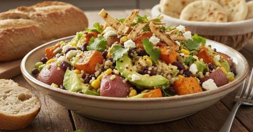 A close-up, high-angle shot of a nutritious grain bowl filled with healthy carbohydrates, including roasted sweet potatoes, red potatoes, quinoa, black beans, corn, and avocado slices. The bowl is topped with feta cheese and fresh cilantro, served on a rustic wooden table with artisanal bread rolls in the background.