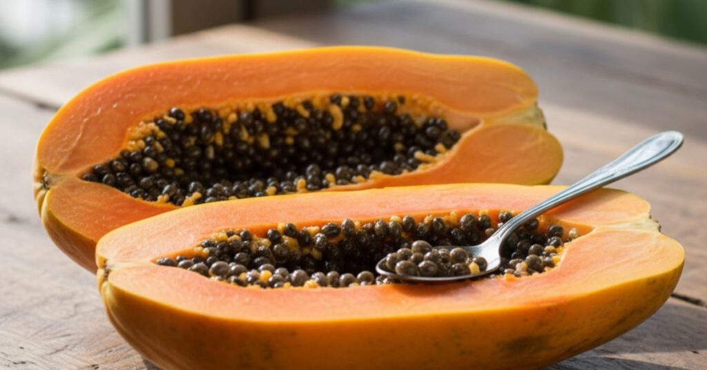 A vibrant, ripe papaya sliced in half lengthwise on a wooden table, revealing orange flesh and black seeds, with a silver spoon resting inside. 15 Benefits of Eating Papaya