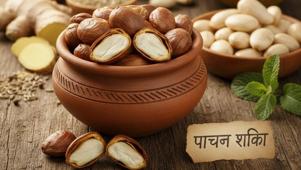 A rustic clay bowl filled with whole and halved jackfruit seeds on a wooden surface, surrounded by ginger and mint, with a small tag that reads "Pachan Shakti" in Hindi. Benefits of Jackfruit Seeds for Digestion.