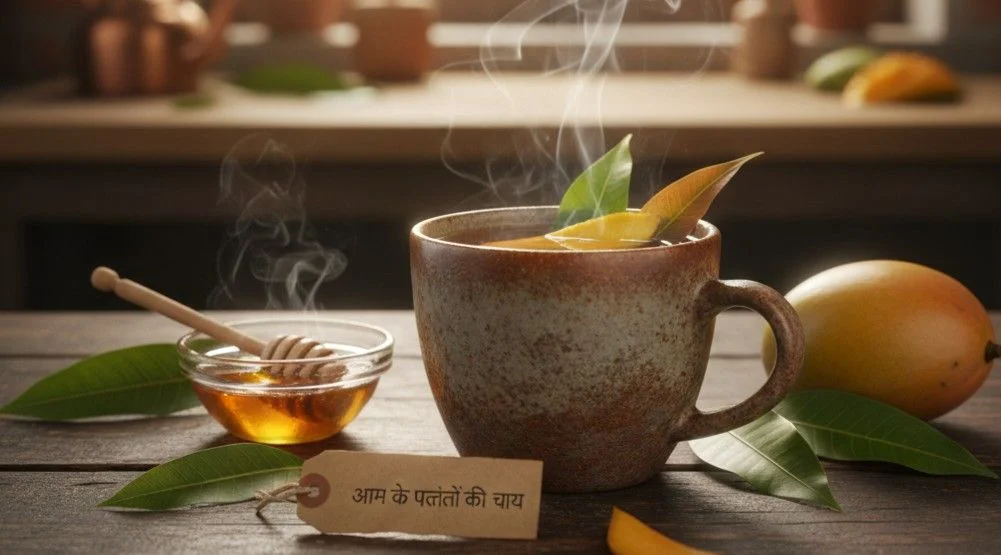 A steaming ceramic Benefits of Mango Leaf Tea on a wooden table, garnished with a mango slice and surrounded by fresh mango leaves and a small bowl of honey.