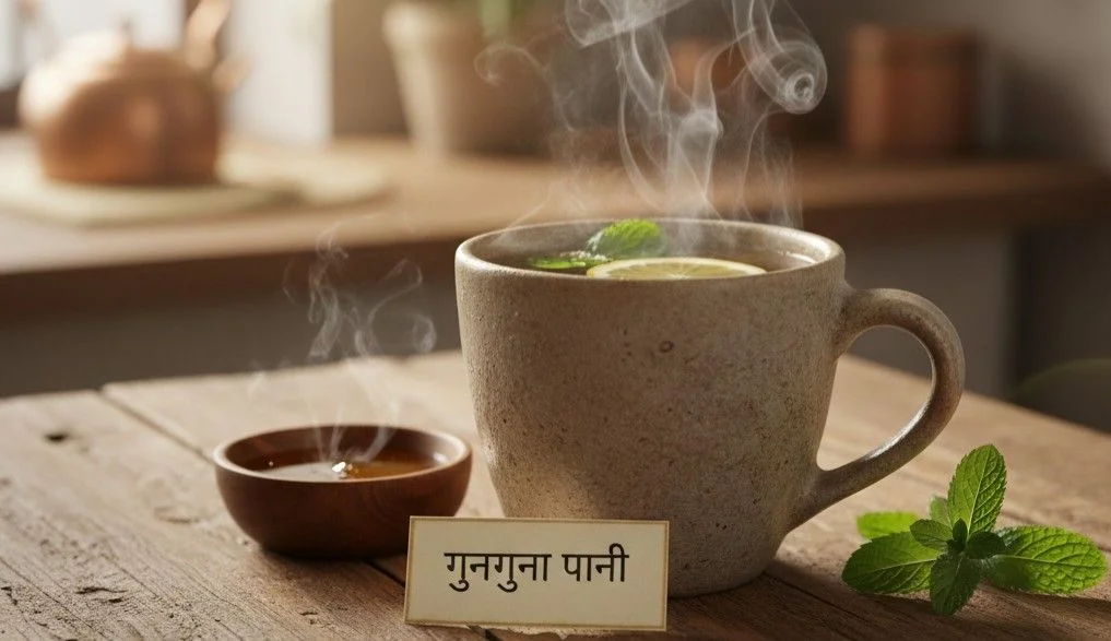 A steaming mug of warm water with a slice of lemon and mint leaves on a wooden table, featuring a small sign that reads "Gunguna Pani Peene Ke Fayde" in Hindi.