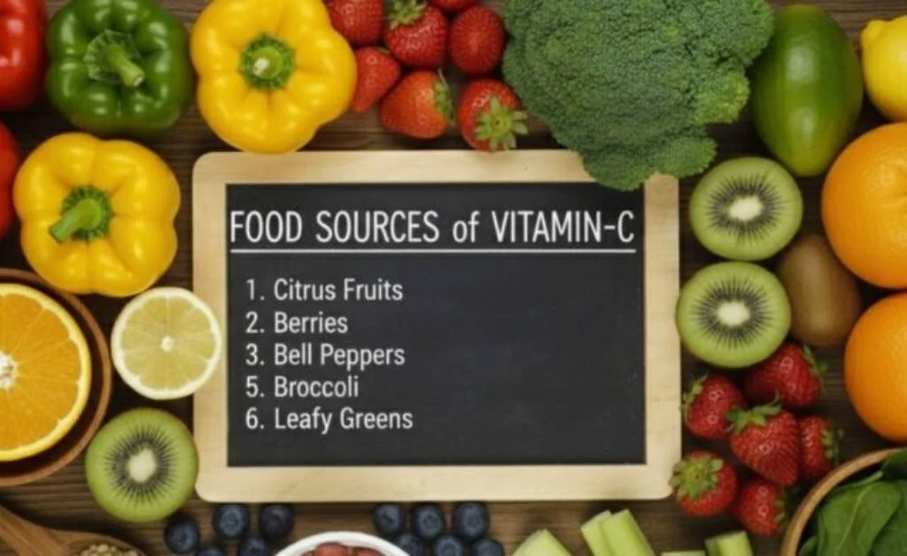 A vibrant infographic displaying the Vitamin C Recommended Daily Intake for various groups: 90mg for men, 75mg for women, and 120mg for breastfeeding mothers, surrounded by fresh citrus fruits and bell peppers.